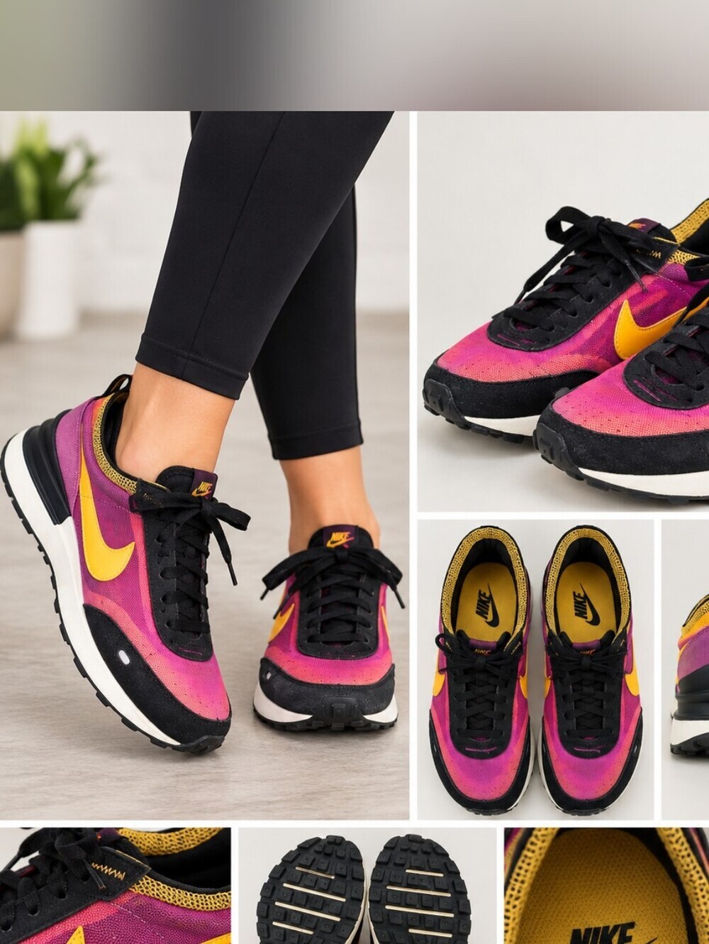 Nike Women's Waffle 1 Vibrant Pink and Black Sneakers with Yellow Swoosh